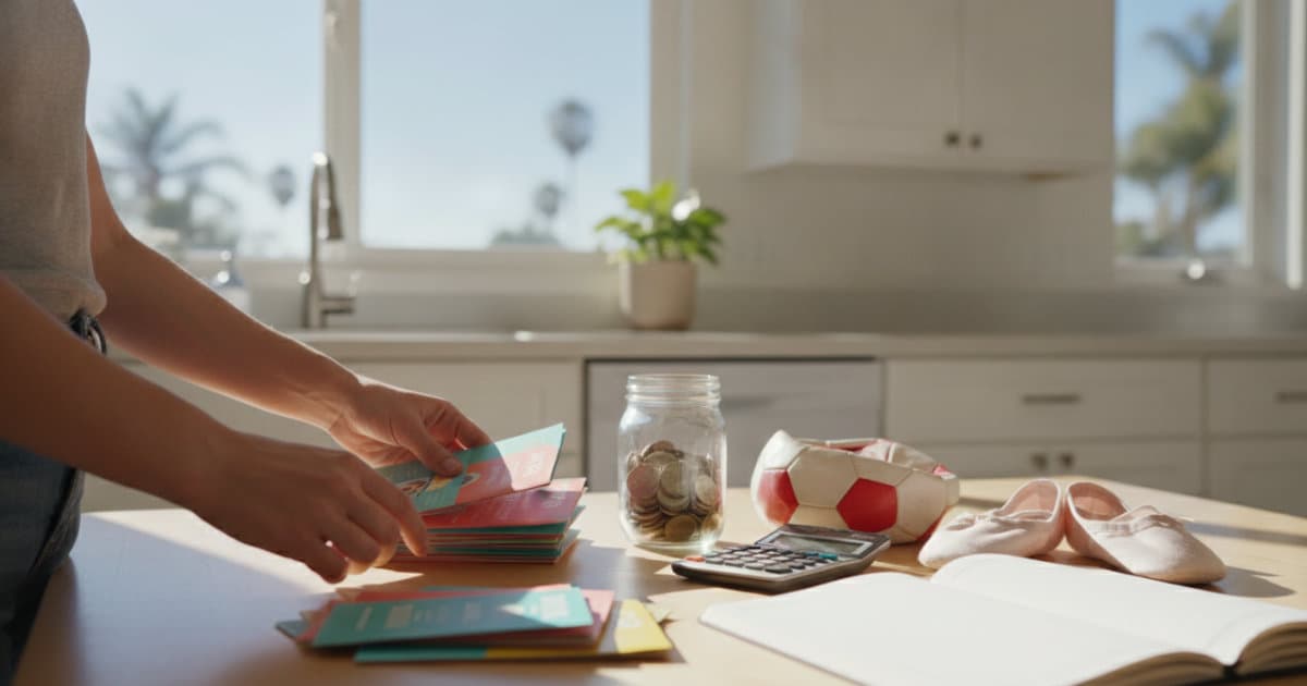 A parent's hands sort kids' class and camp brochures at a sunny kitchen table beside a coin jar, a calculator, a soccer ball and ballet slippers