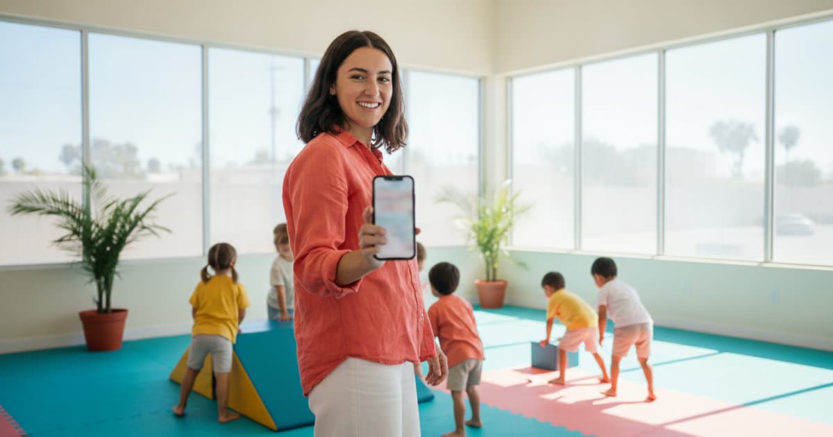 A smiling studio owner holds up a phone in a sunlit kids' movement studio while children play on soft mats behind her