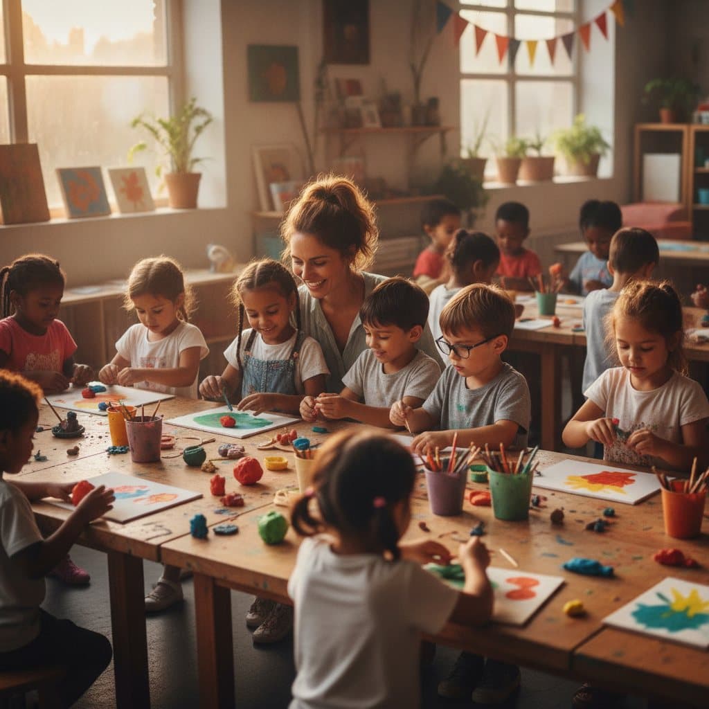 A friendly instructor guiding a happy, diverse group of children through a hands-on art class