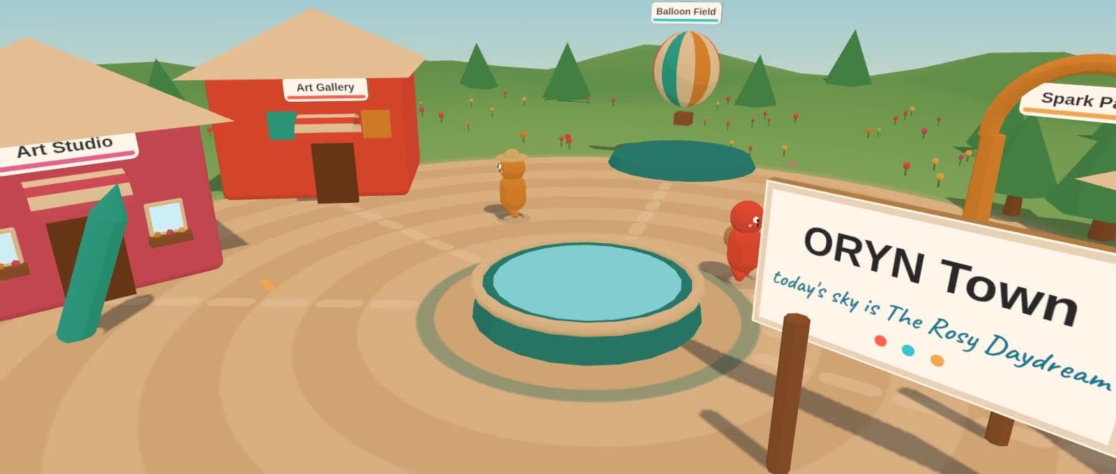 The ORYN Town square: a fountain ringed by sand paths, the Art Studio and Art Gallery storefronts, a hot-air balloon over the Balloon Field, and two townsfolk out for a walk.