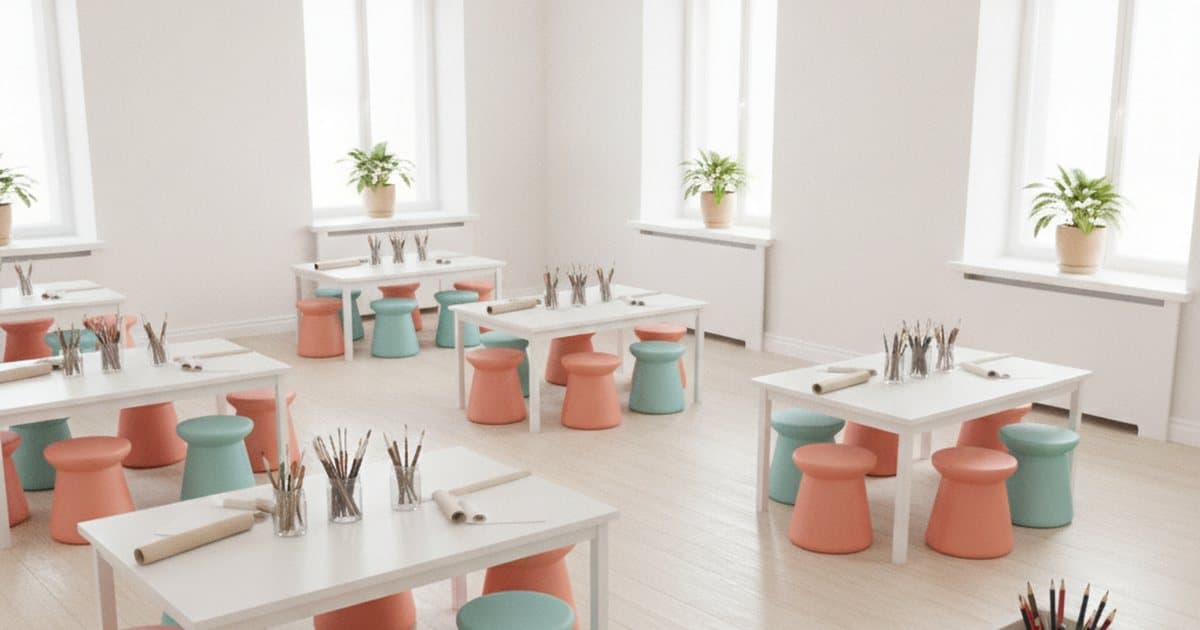 A bright, empty kids' art studio in the morning, with big sunny windows, potted plants, low white tables, coral and teal stools and jars of paint brushes