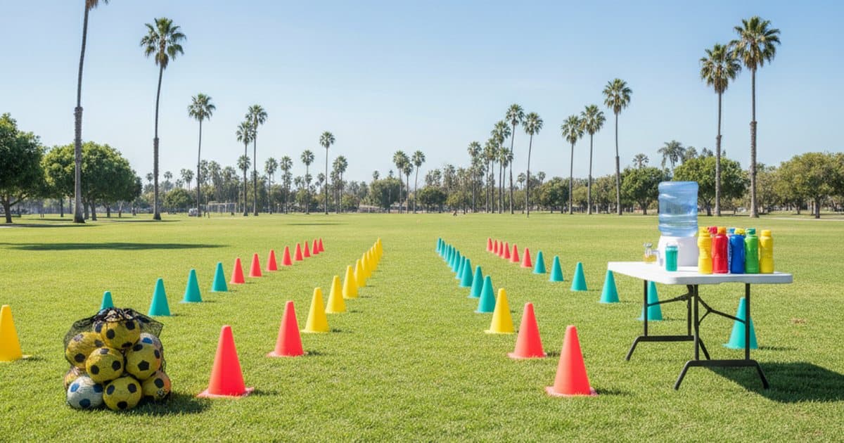 A sunny park with palm trees set up for a kids' sports class: rows of coral, teal and yellow cones on the grass, a bag of soccer balls, and a table with a water cooler and bright water bottles