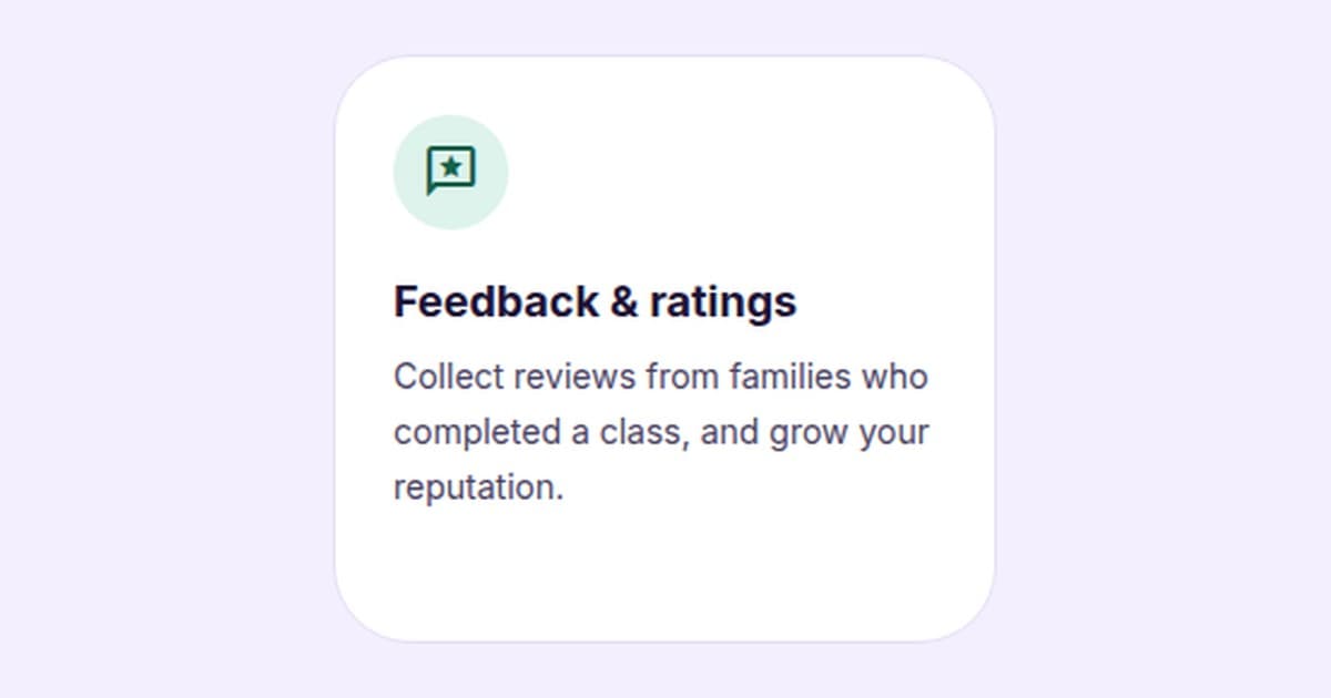 The Feedback & ratings card from the ORYN Quest vendors page: collect reviews from families who completed a class, and grow your reputation