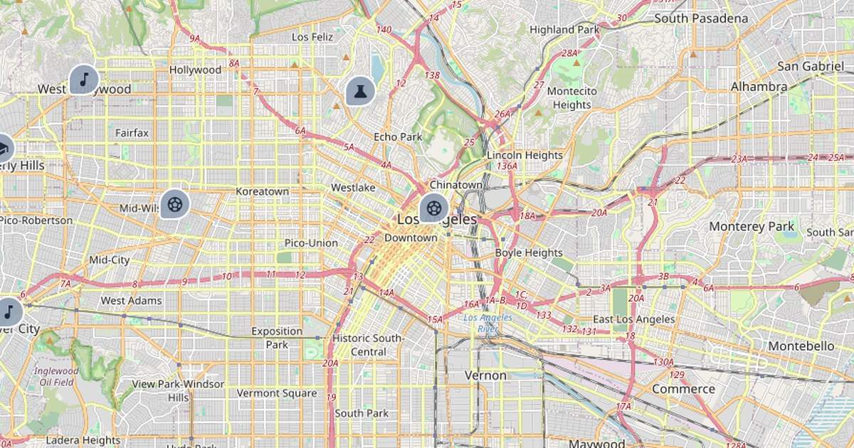 Screenshot of the ORYN Quest map view: a street map of central Los Angeles, from Hollywood and Los Feliz to Downtown and East LA, with class pins on it