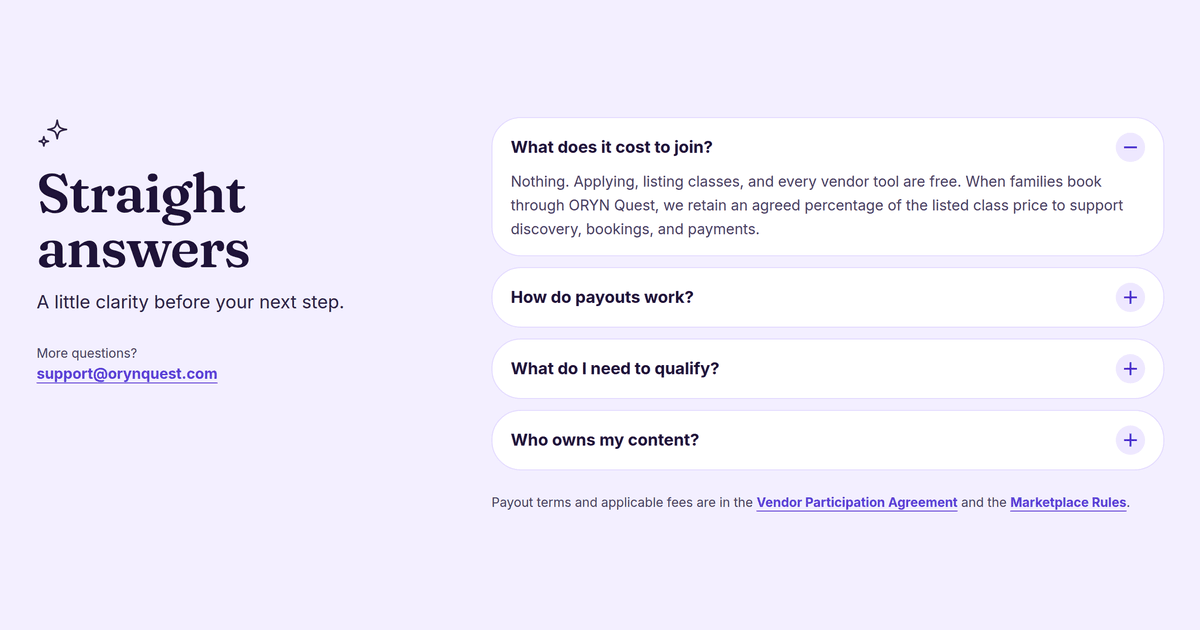 Screenshot of the Straight answers section on the orynquest.com For Vendors page: the question What does it cost to join? is open beside three closed questions about payouts, qualifying and who owns your content