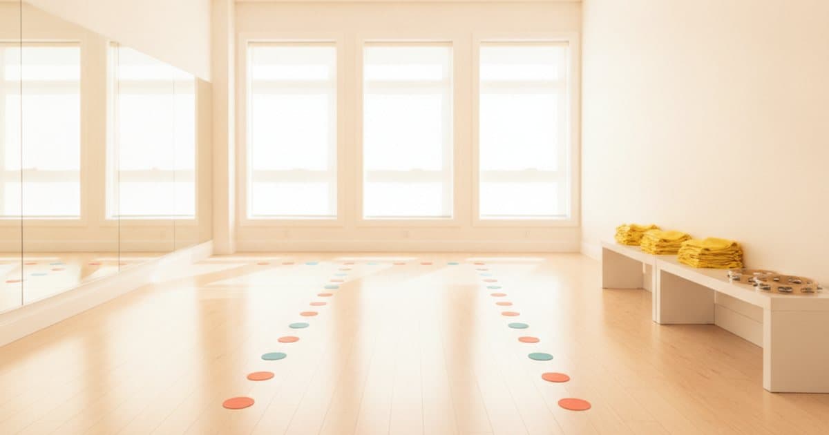 A bright, empty children's dance studio before class, with a pale wood floor, big sunny windows, rows of coral and teal floor spots and a bench of folded yellow scarves and tambourines