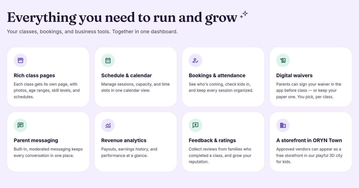 Screenshot of the ORYN Quest vendors page section Everything you need to run and grow: eight cards including Rich class pages, Bookings & attendance, Parent messaging and Feedback & ratings