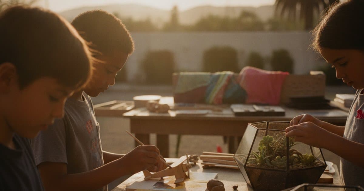 Three children at an outdoor art table at golden hour: one shaping clay on a pottery wheel, one painting a small wooden airplane, one planting a glass terrarium, with palm trees behind
