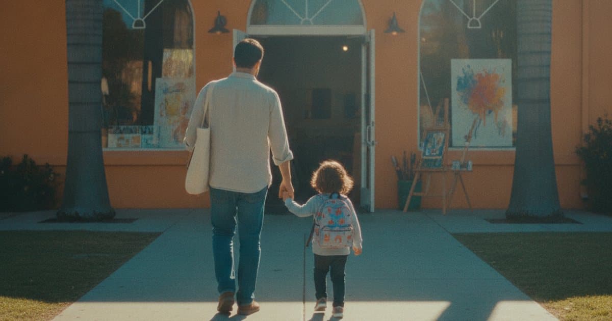 A parent and a young child with a backpack hold hands on a sunny path toward a coral-colored art studio with arched windows and palm trees