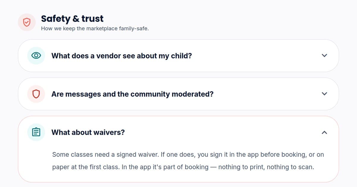 The Safety and trust section of the ORYN Quest Help Center, with the answer to What about waivers? open: families sign in the app before booking or on paper at the first class