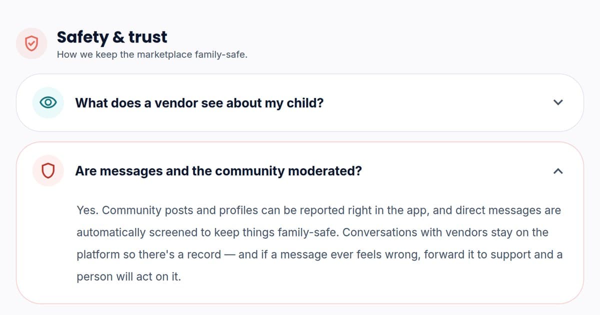 The Safety and trust section of the ORYN Quest Help Center with the answer to Are messages and the community moderated? open, saying direct messages are automatically screened