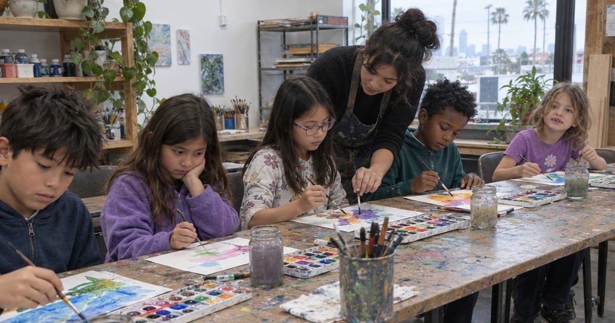 A teacher leans over a long paint-splattered table where five children paint with watercolors, with jars of brushes and a bright window behind them