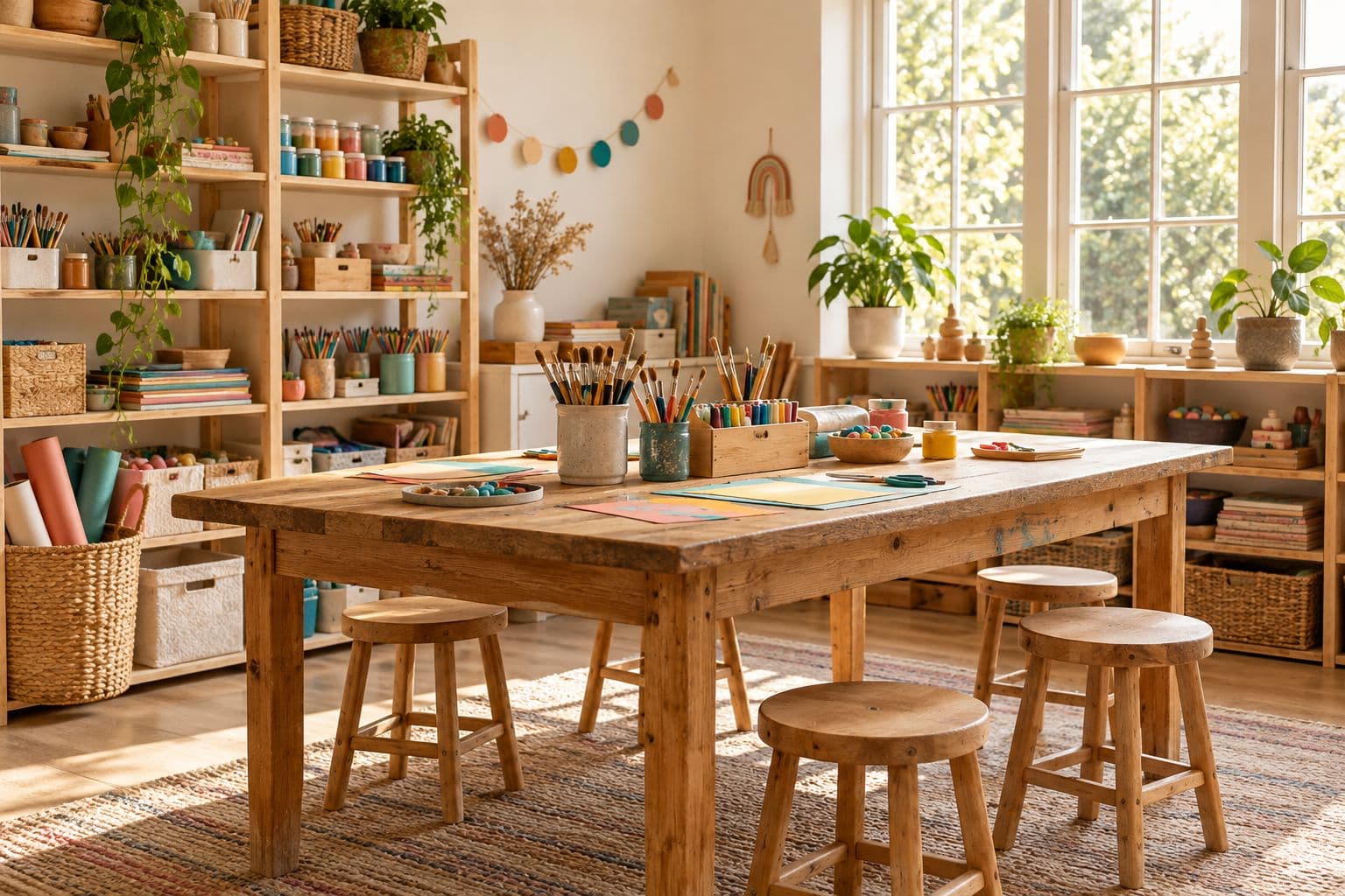 A bright, empty activity studio with a long wooden worktable, stools and shelves of craft supplies
