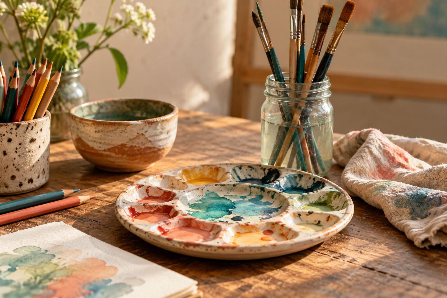 A watercolor palette, brushes in a jar and a handmade clay bowl on a studio table