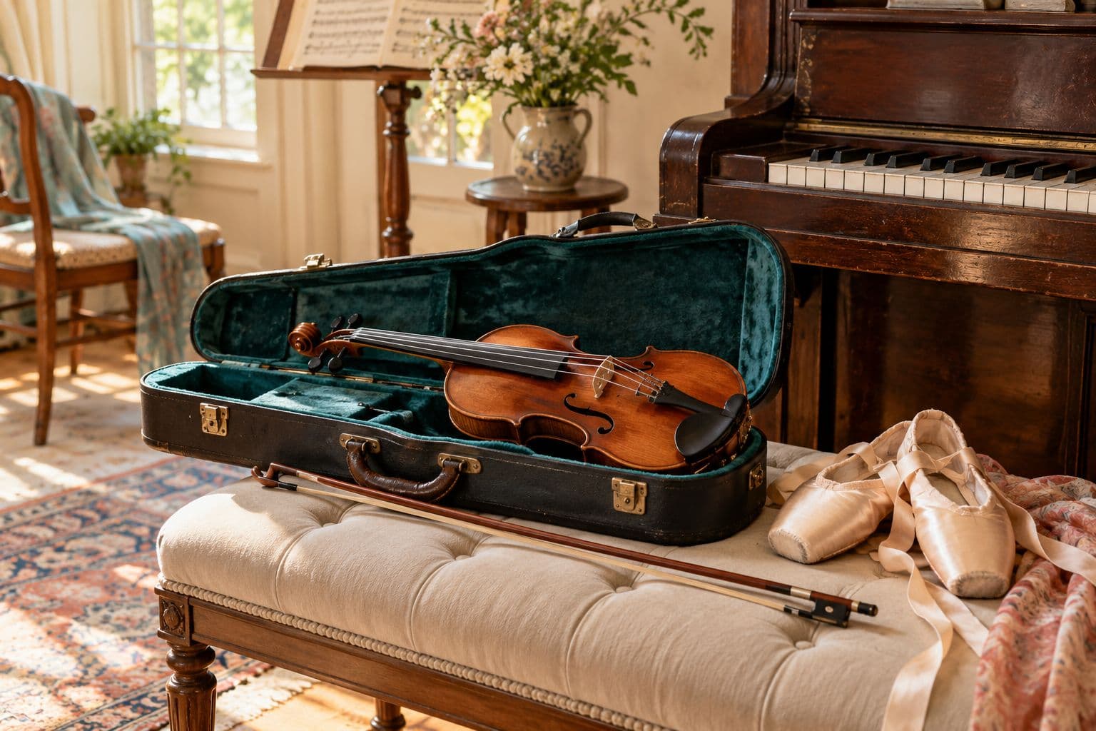 A violin in its open case beside ballet shoes and a piano