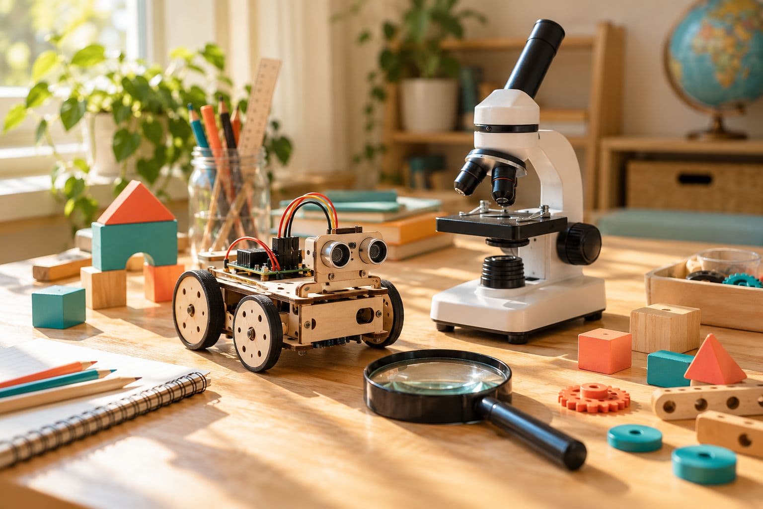 A small robot kit and a microscope on a classroom table