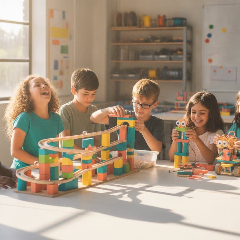 Kids building a marble run and simple robots in a sunlit maker space