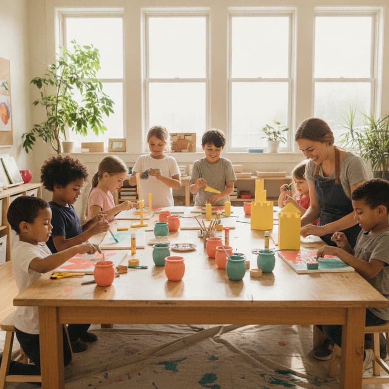 Children painting and crafting together at a bright studio table
