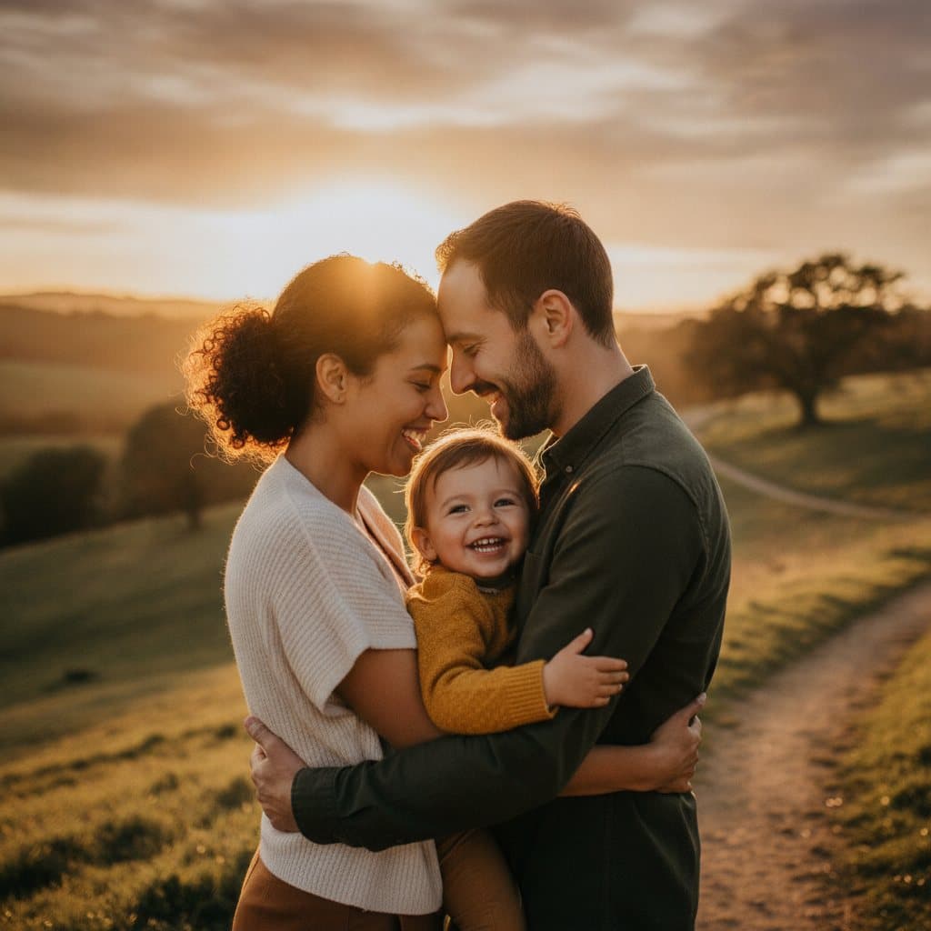 A family sharing a warm embrace during an outdoor adventure