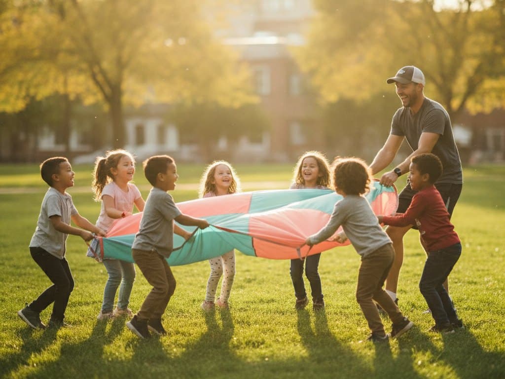 A coach and a joyful group of children playing with a coral and teal parachute in a sunny neighborhood park