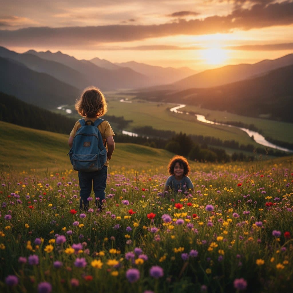 Two children in a wildflower meadow at golden sunset, gazing out over a valley and distant mountains