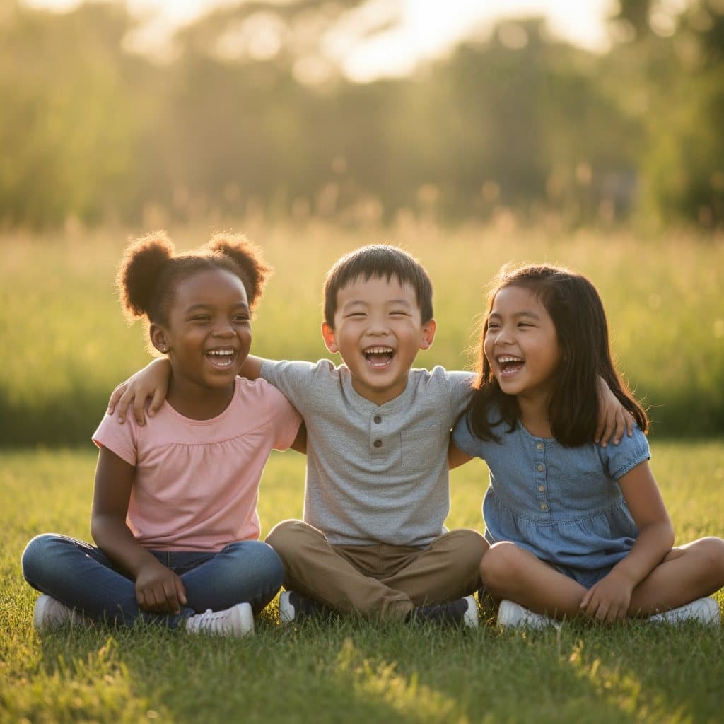 Three children of different backgrounds laughing together arm in arm on the grass