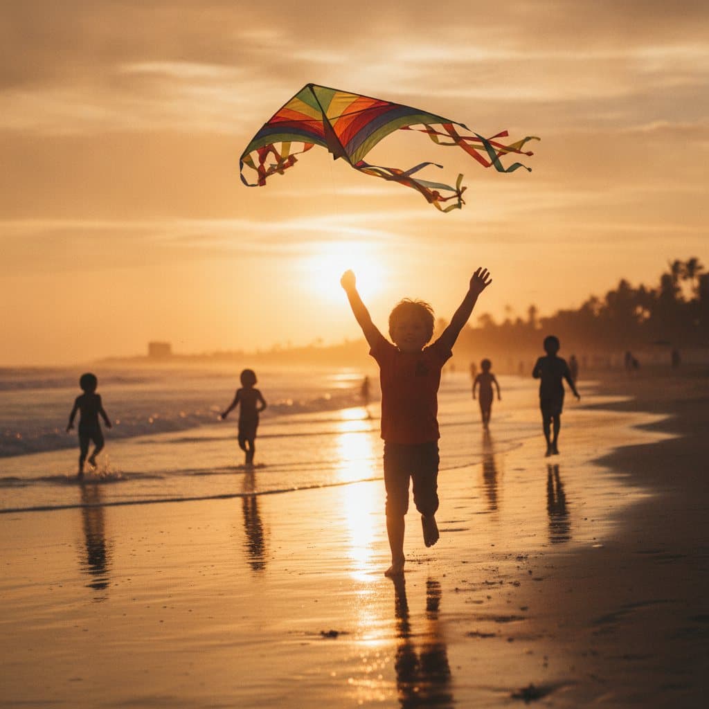 Children flying a colorful kite on the beach at sunset