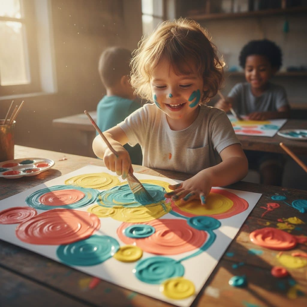 A child joyfully painting bright colors at a sunlit table