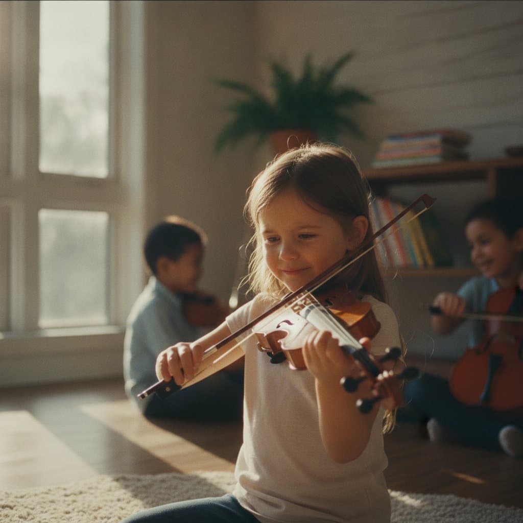 A young girl playing the violin in warm afternoon light