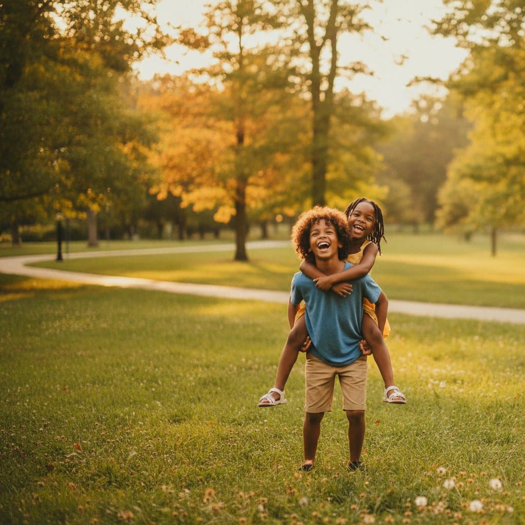 Two children laughing together on a sunlit park path