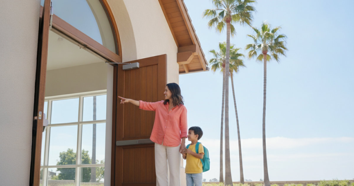 A parent and young child stand together near the entrance of a sunny Southern California community center